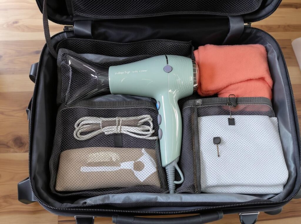 Hair dryer safely packed in protective case for travel