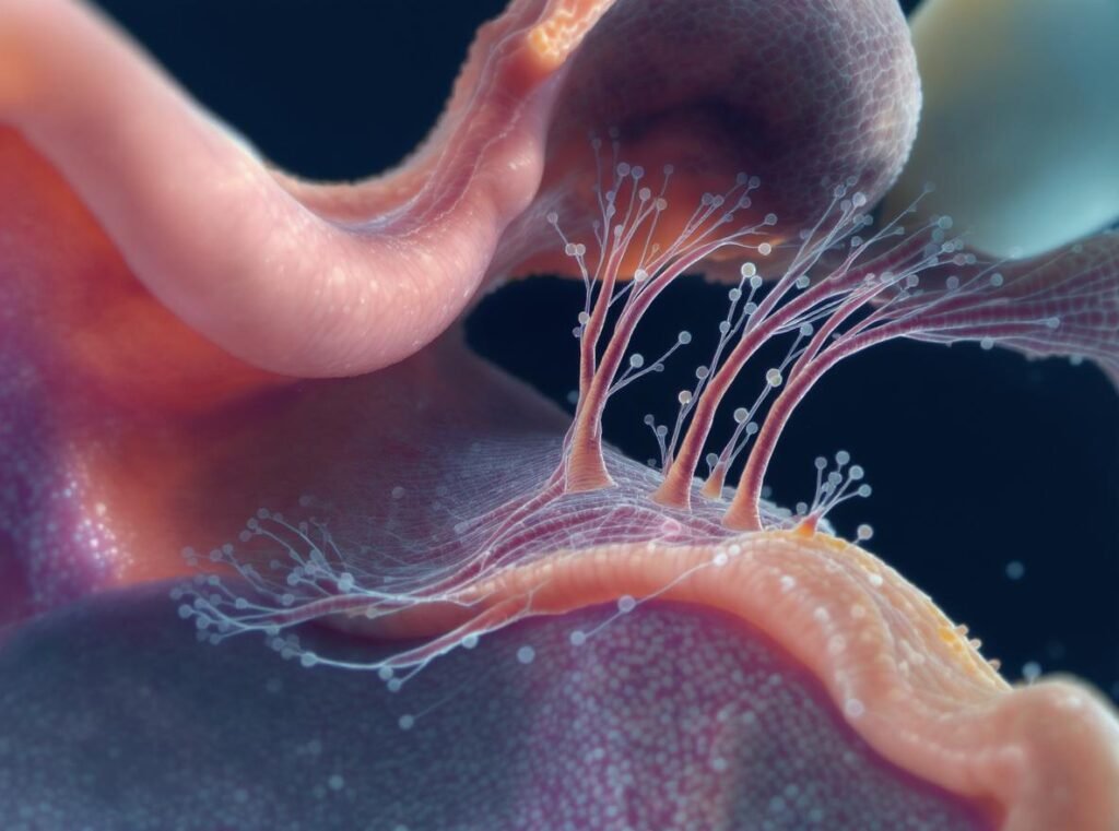 Damaged inner ear hair cells showing permanent hearing loss from noise exposure