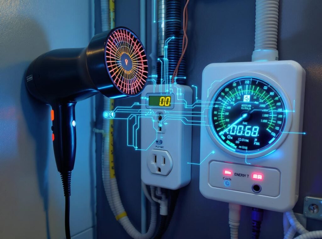 Power consumption comparison between AC and DC motor hair dryers showing electrical requirements