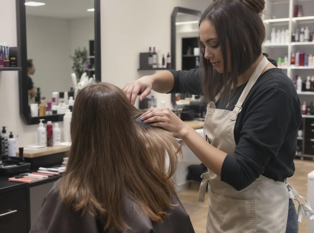 Professional hair stylist helping customer choose right hair dryer for their hair type