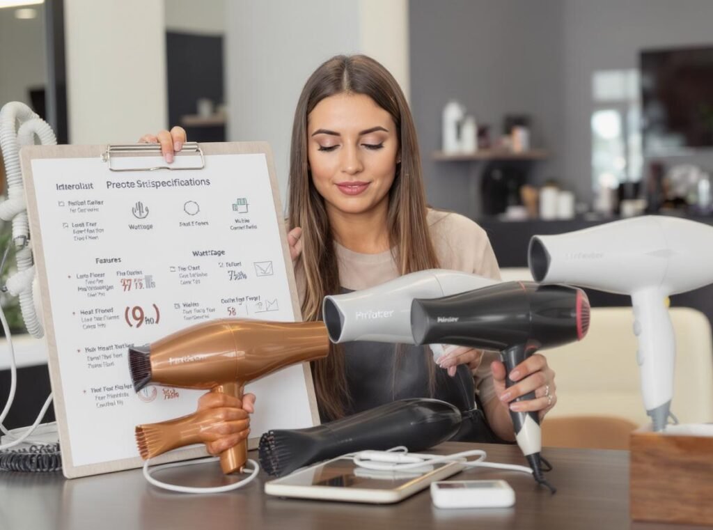 Woman comparing infrared hair dryer features and specifications with checklist for choosing the right model