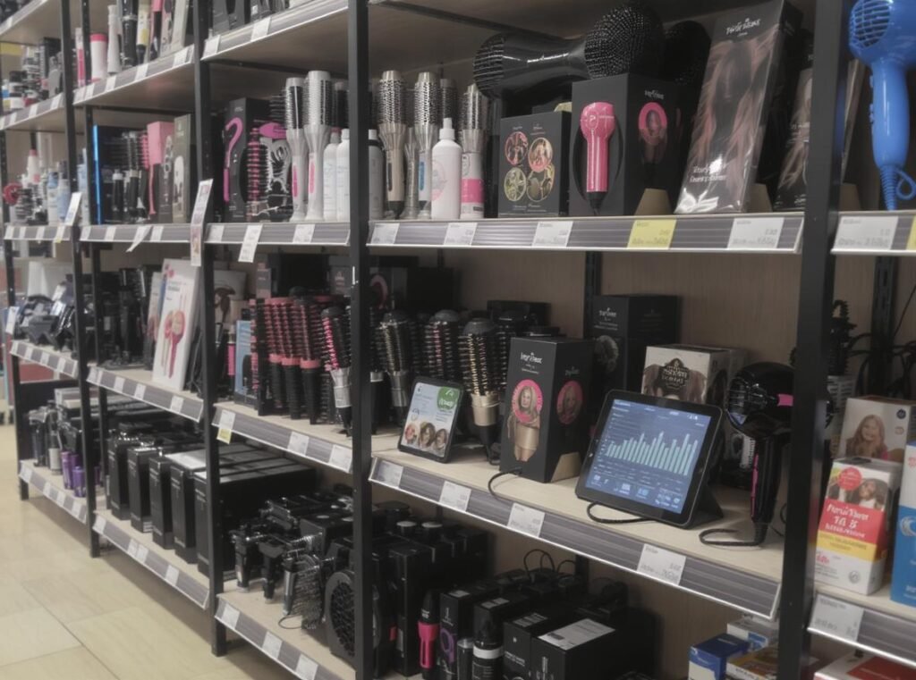 Professional hair stylist consulting with client about hair styling tool selection
