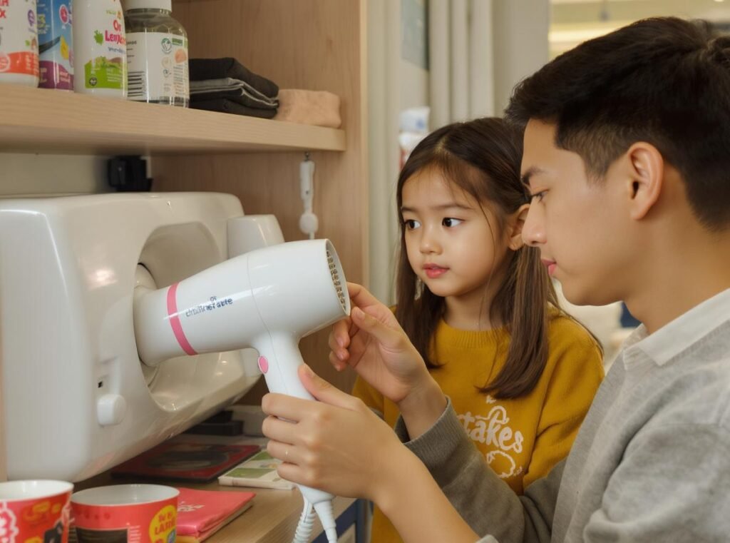 Parent evaluating child-safe hair dryer features while child watches