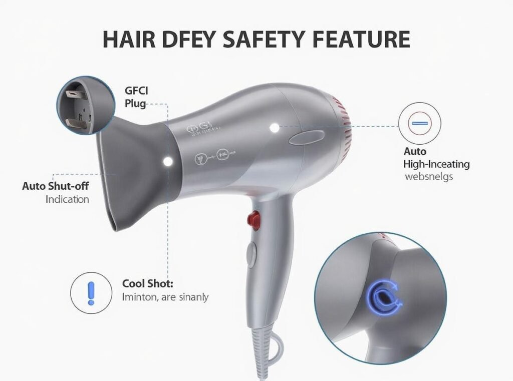 Hair dryer safety features including GFCI plug and auto shut-off for elderly users