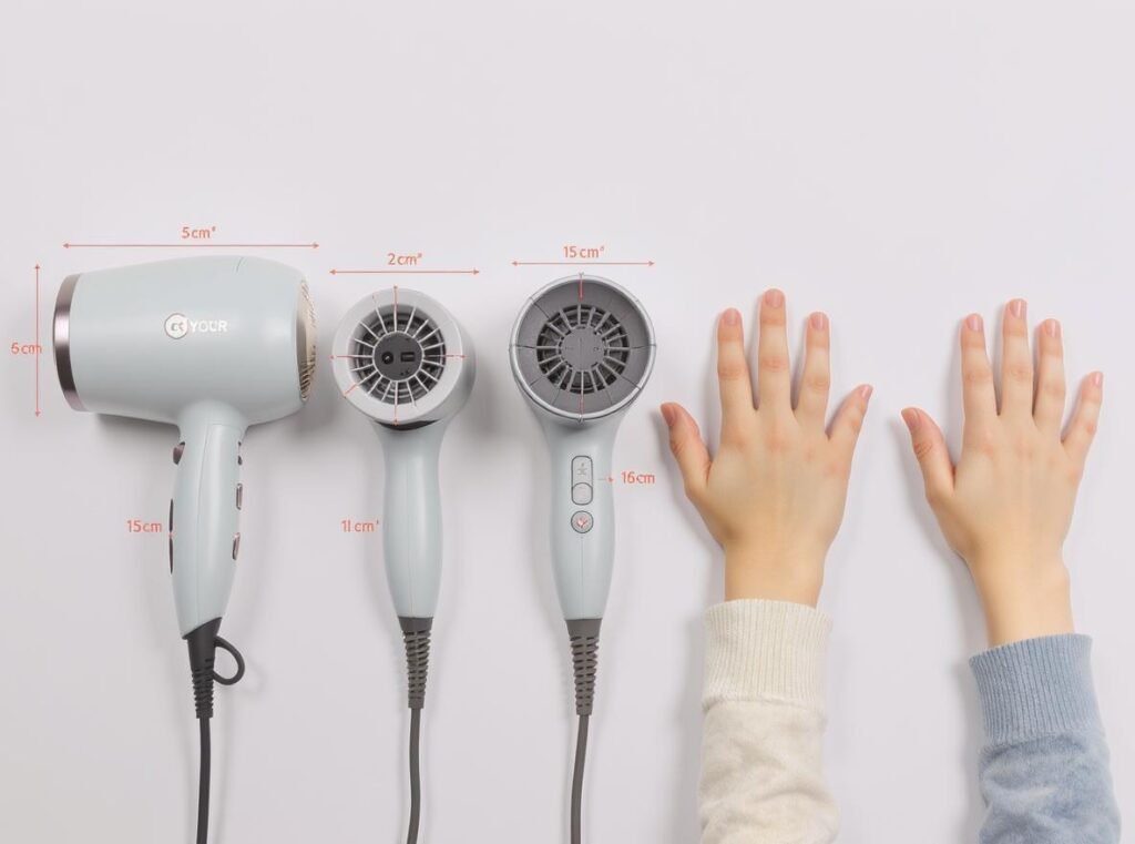 Hair dryer size comparison showing age-appropriate models for children