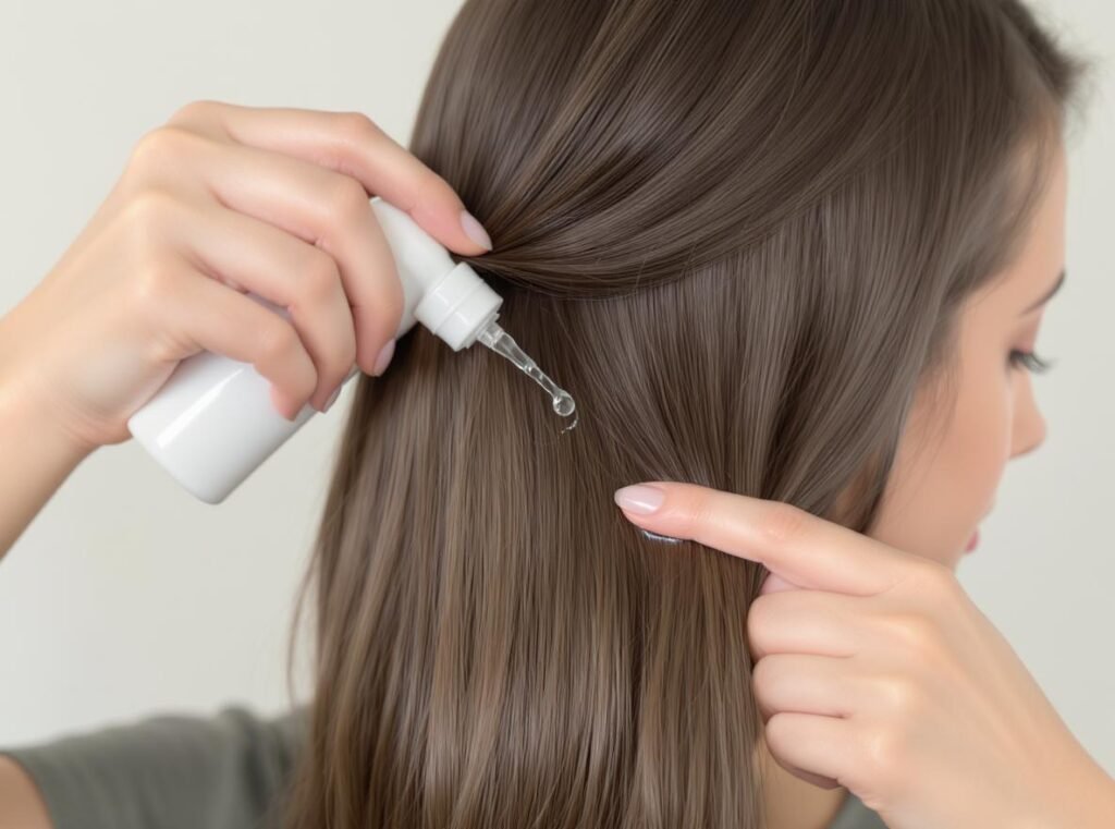 Applying protective hair serum to finished hairstyle for humidity protection