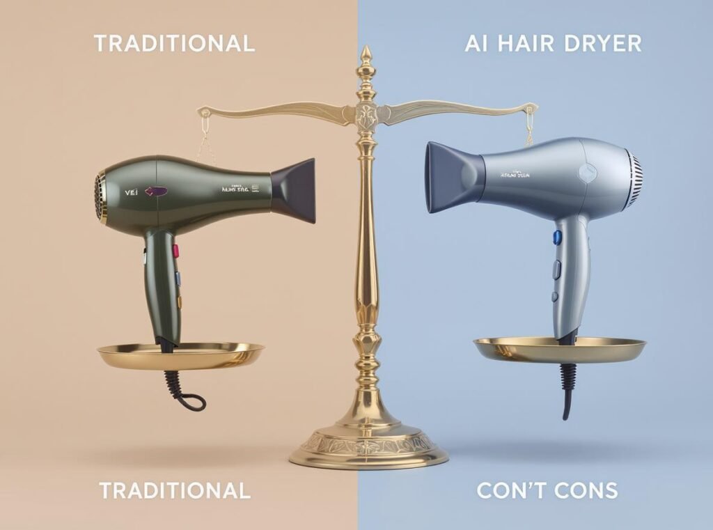 Pros and cons comparison of AI hair dryers vs traditional models