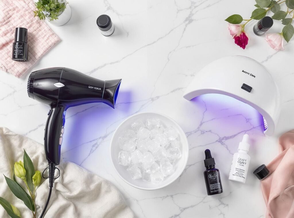 Comparison of nail polish drying methods including hair dryer UV lamp ice water