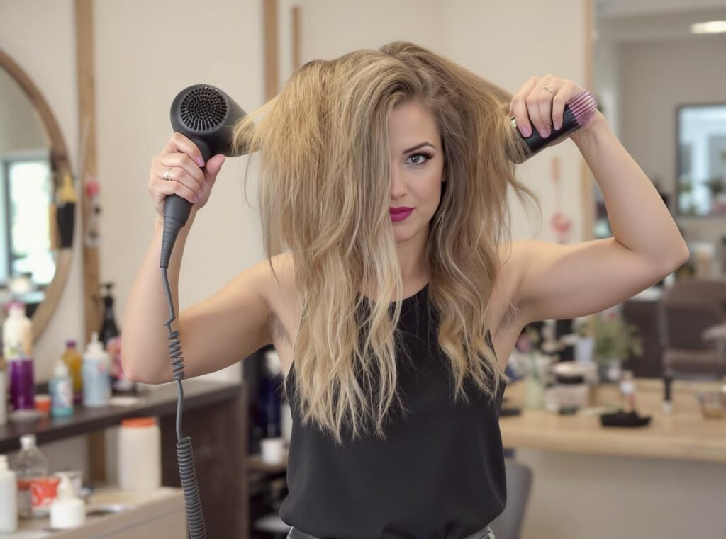 Professional hairstylist demonstrating progressive drying technique for sensitive scalp care