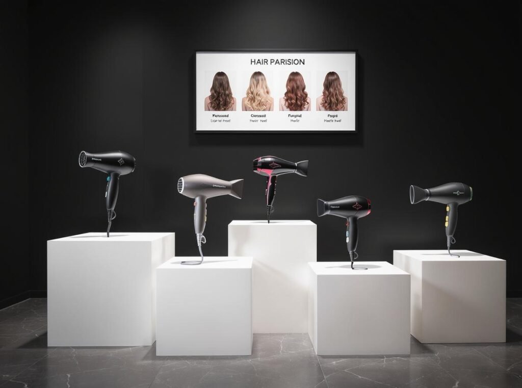 Selection guide showing different moisture-sensing hair dryers for various hair types