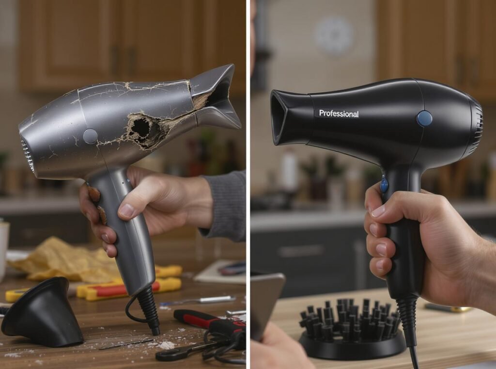 Comparison between repairing old hair dryer versus replacing with new professional model