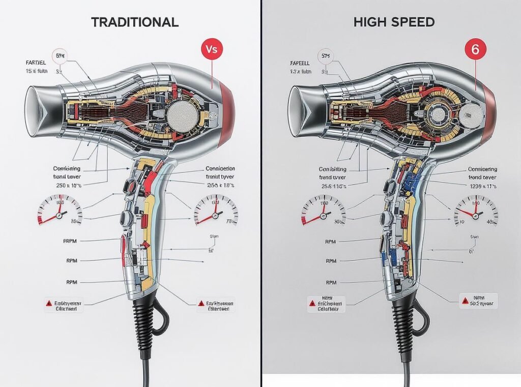 Comparison between high-speed and traditional hair dryer motors showing performance differences