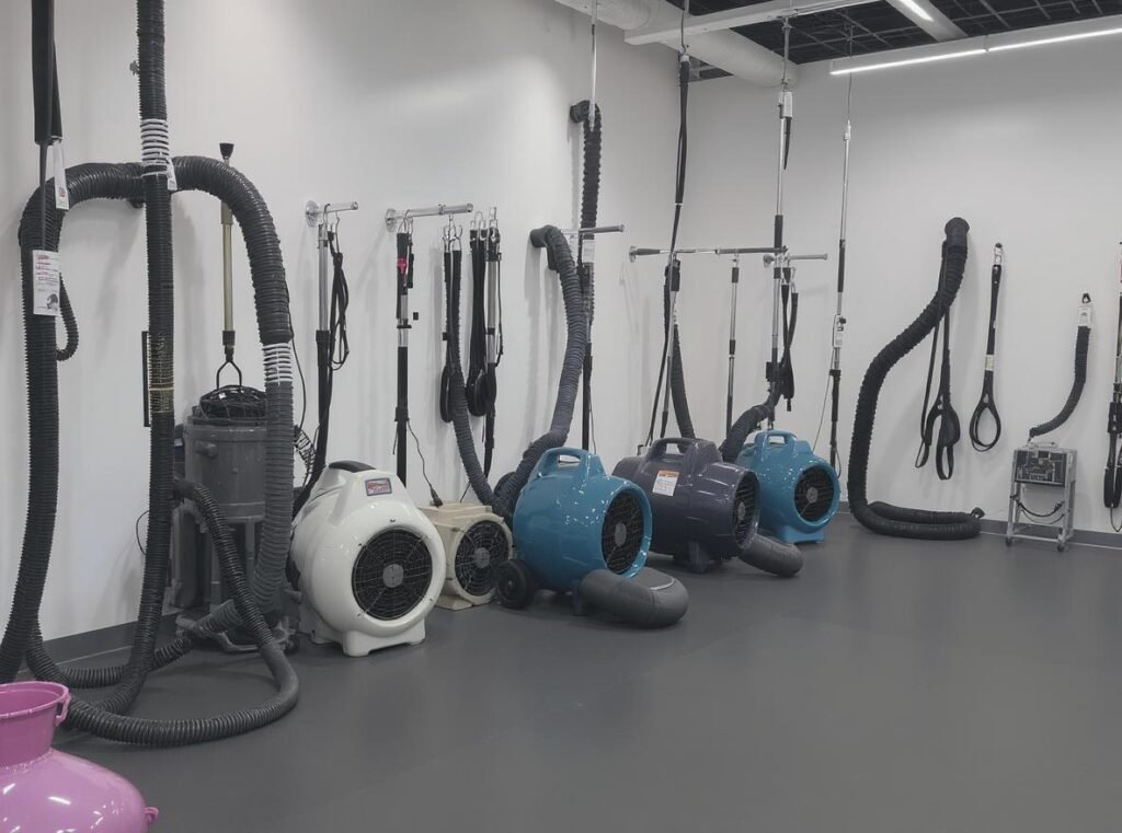 Professional pet drying equipment display showing various dryer types and controls
