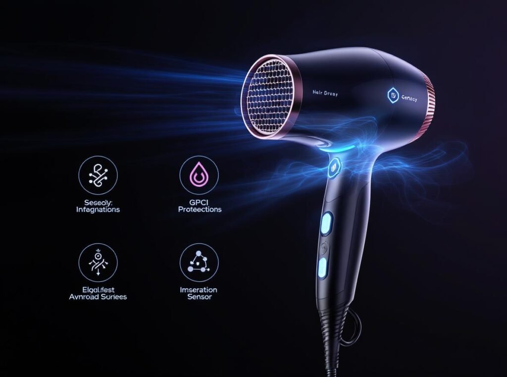 Modern hair dryer with advanced water protection safety features and GFCI technology