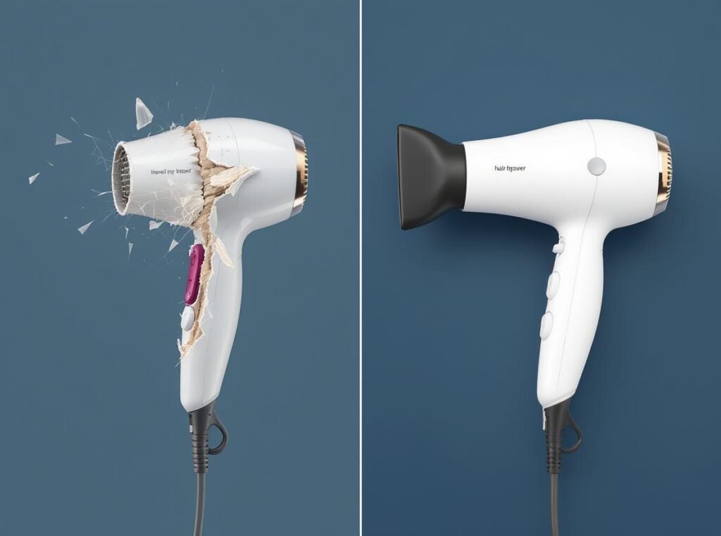 Comparison between damaged retractable cord hair dryer and new replacement