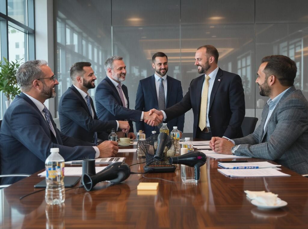 Wholesale hair dryer business meeting with buyers and suppliers discussing product selection and pricing