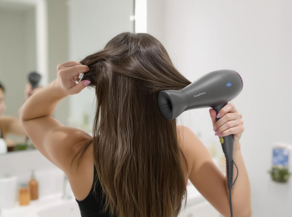 Professional hair drying technique demonstration for monsoon season styling