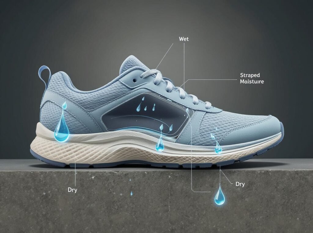 Cross-section showing trapped moisture inside shoes despite surface drying from hair dryers