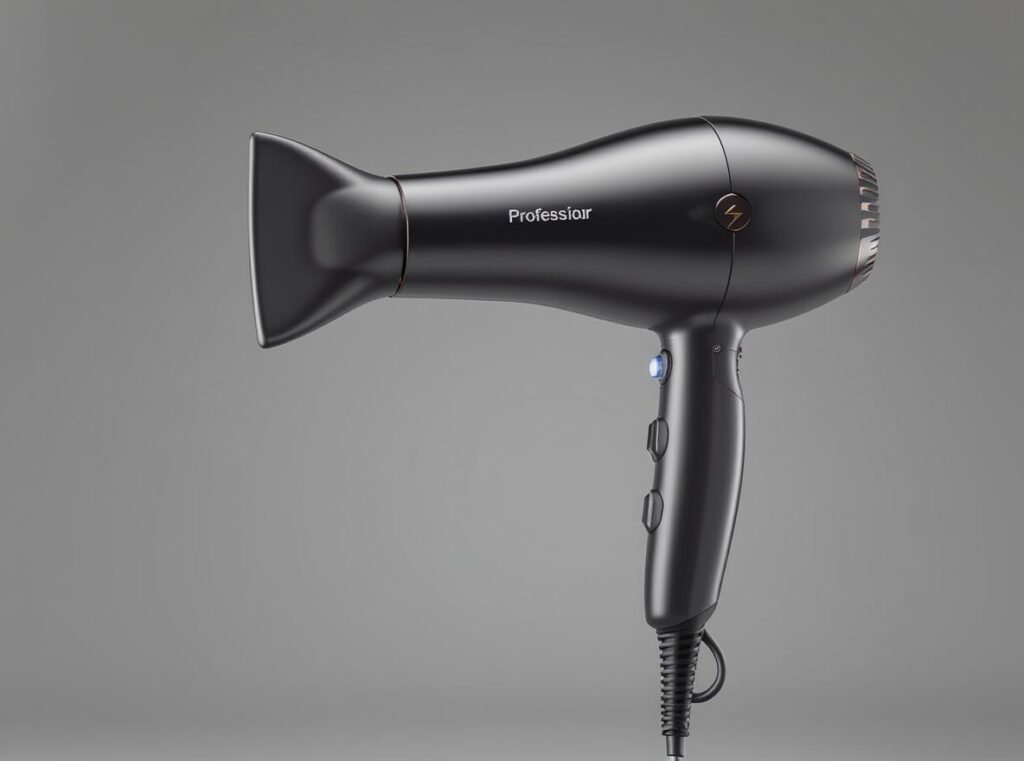 Professional hair dryer with concentrator nozzle showing technical specifications
