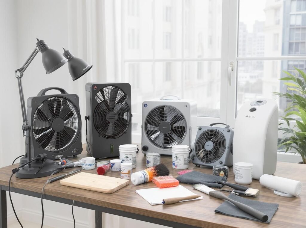 Alternative paint drying equipment including fans, heat lamps, and dehumidifiers