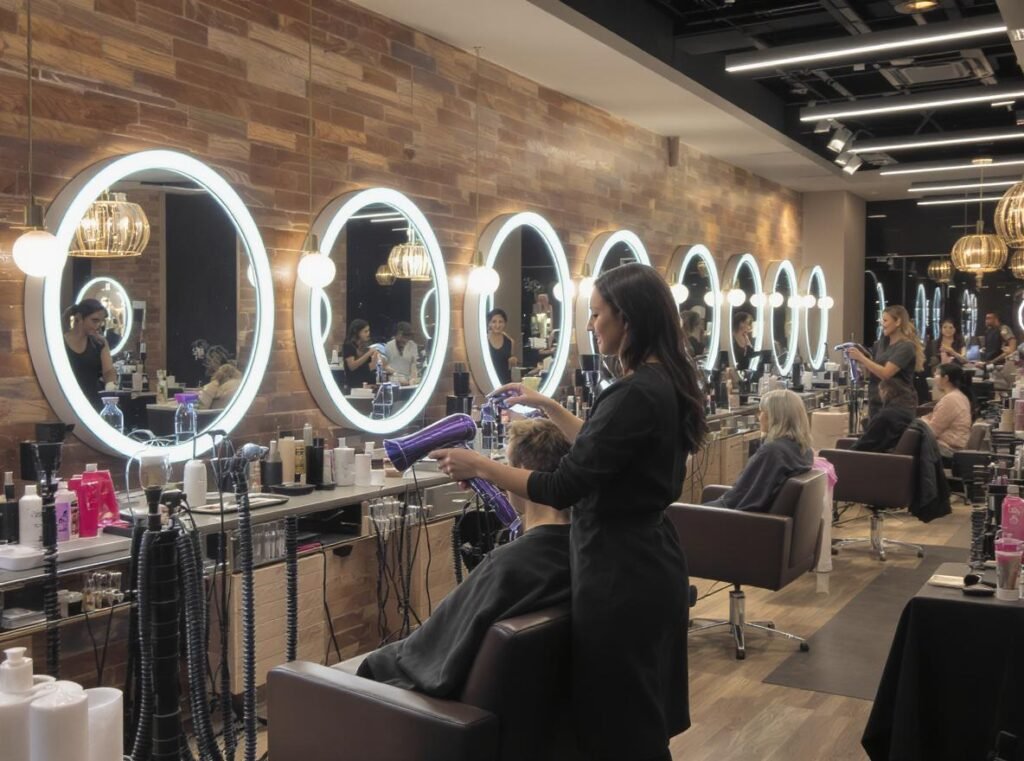 Professional hair salon with stylists using LED display hair dryers on clients