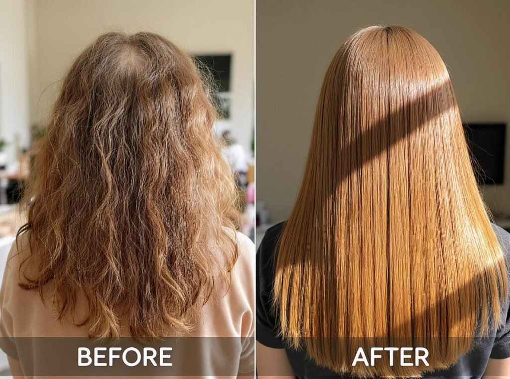 Hair transformation showing benefits of ionic hair dryer - from frizzy to smooth, shiny, healthy hair