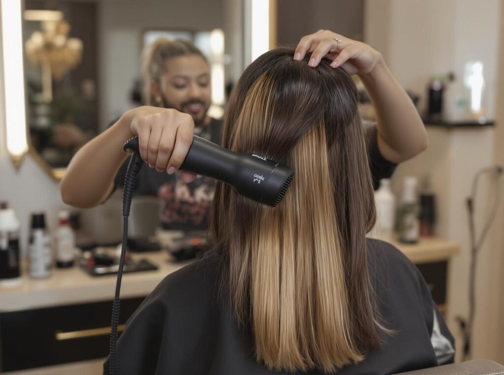 Professional hair stylist demonstrating expert heat protectant application technique