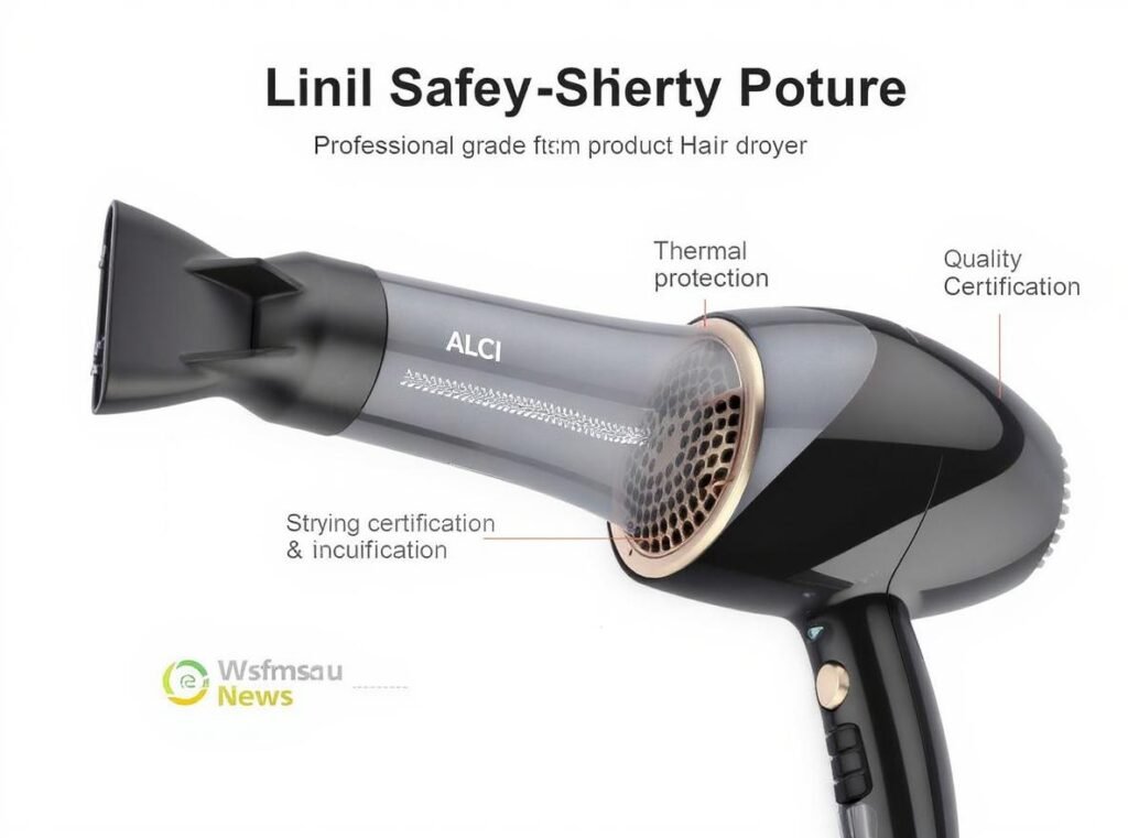 Modern hair dryer with safety features and quality certifications highlighted