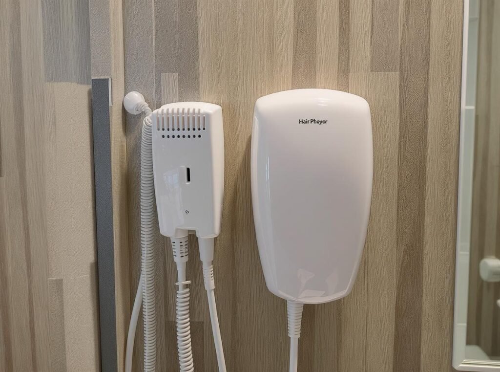 Standard hotel wall-mounted hair dryer in bathroom