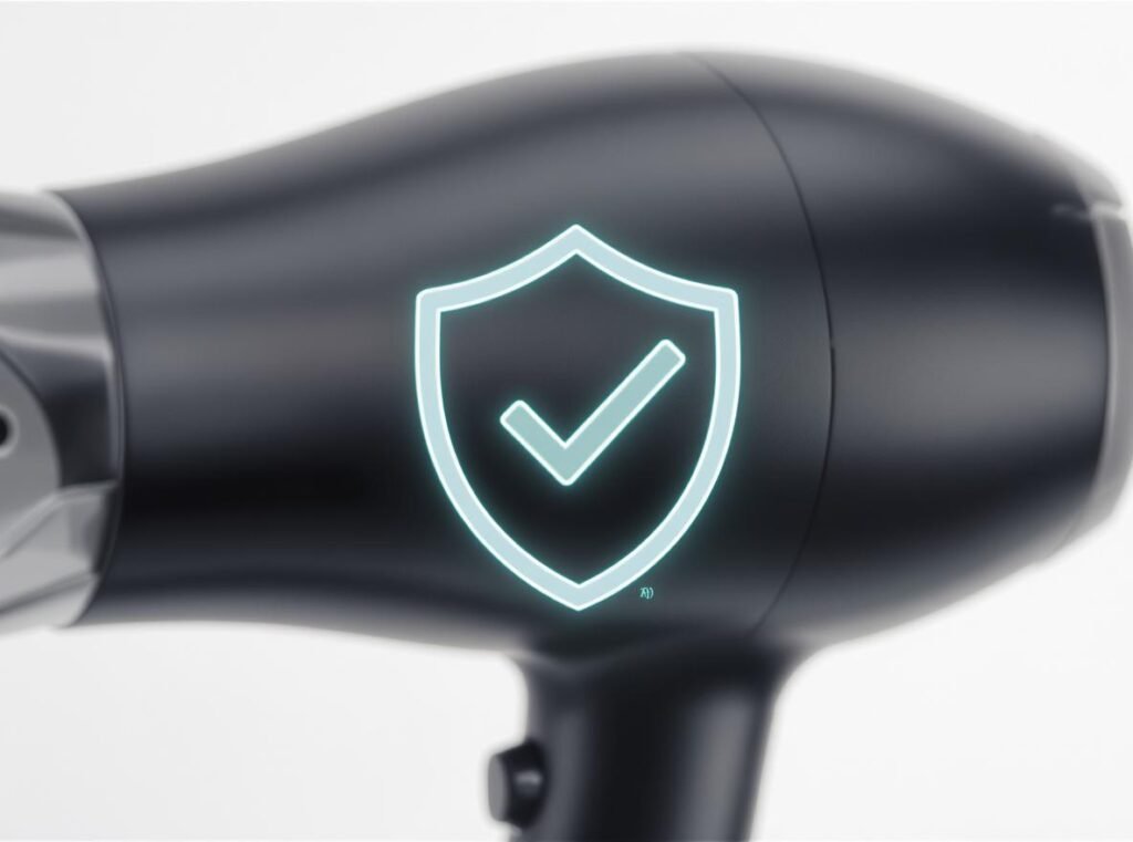 Professional hair dryer with hearing safety features and protection certification