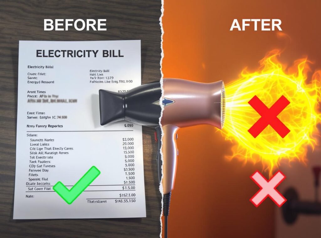 Hair dryer energy savings comparison showing cost reduction from efficient usage