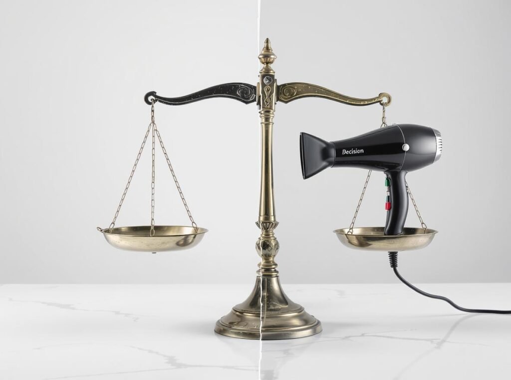 Decision scale balancing old and new hair dryers representing repair vs replace choice
