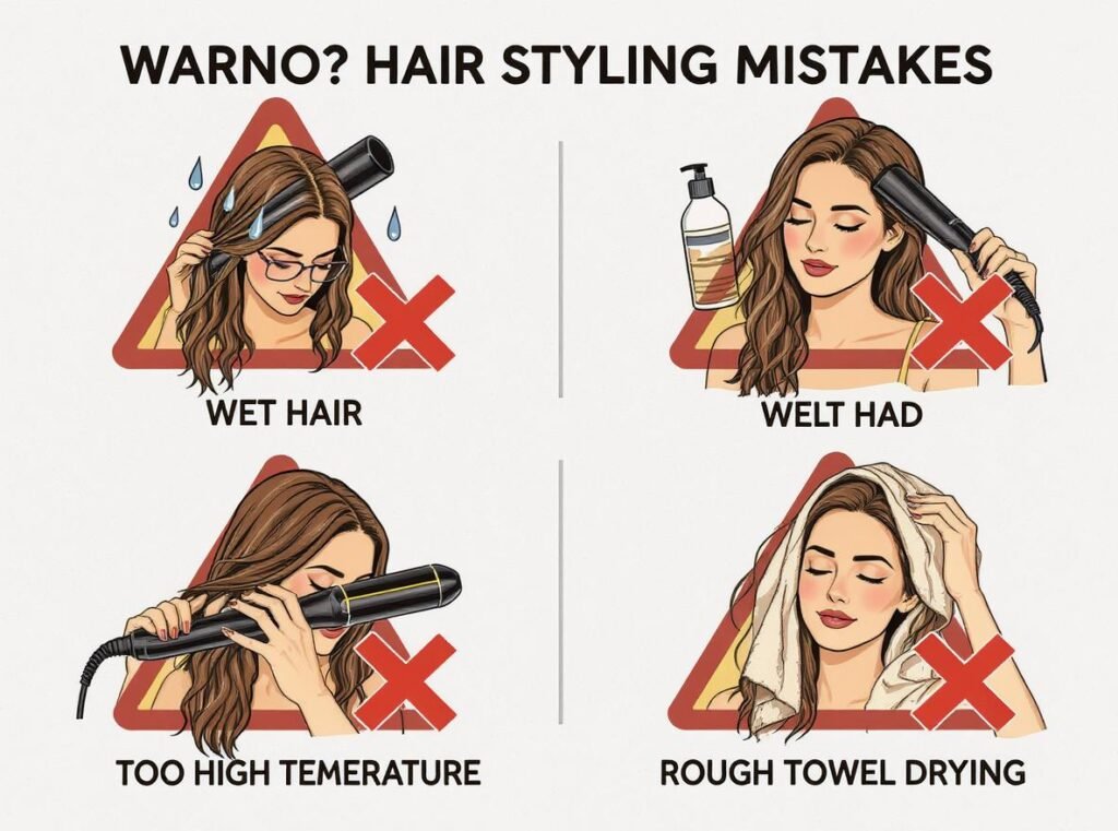 Common hair styling mistakes to avoid infographic with warning signs