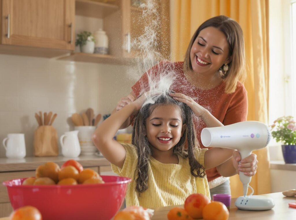 Happy parent and child after successful hair drying with child-safe dryer