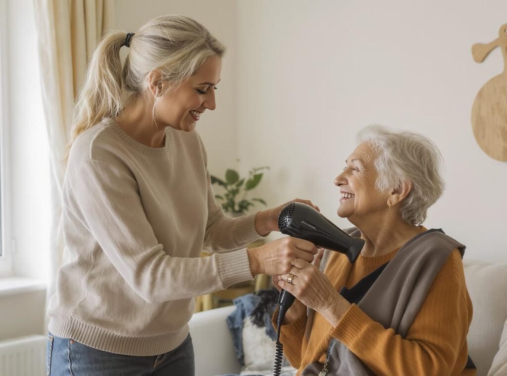 Caregiver helping elderly person select appropriate hair dryer model
