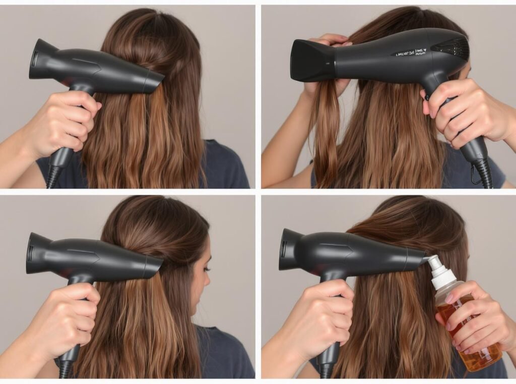 Proper winter hair drying technique using professional hair dryer methods