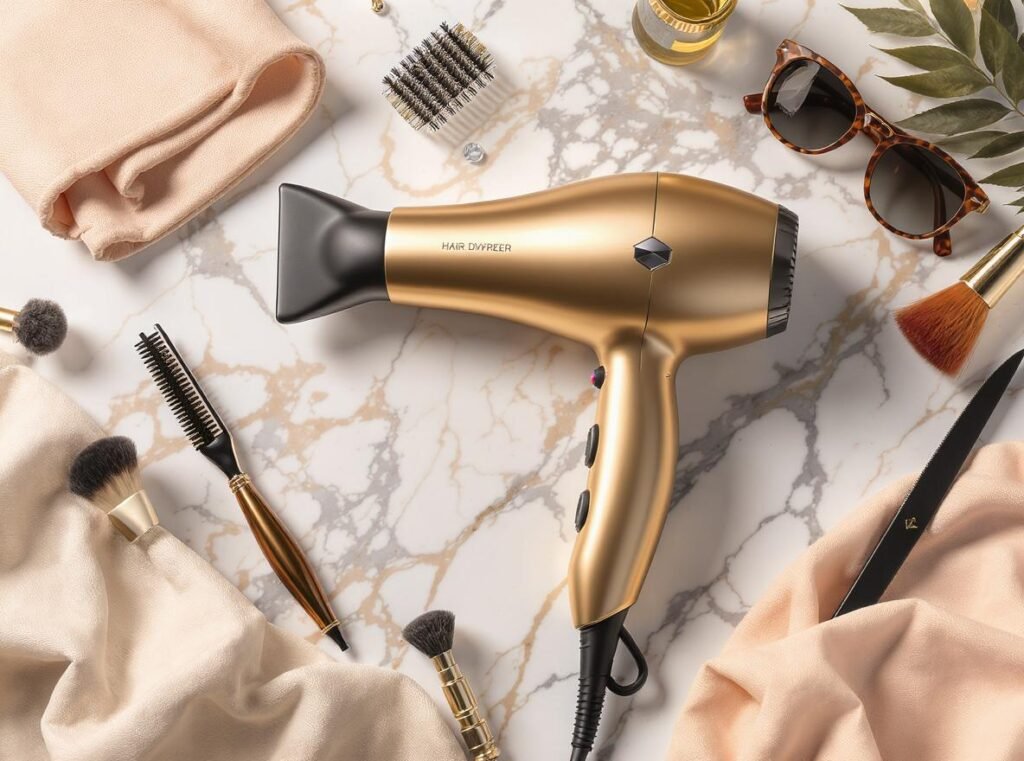 Premium hair dryer with professional salon tools and accessories flat lay