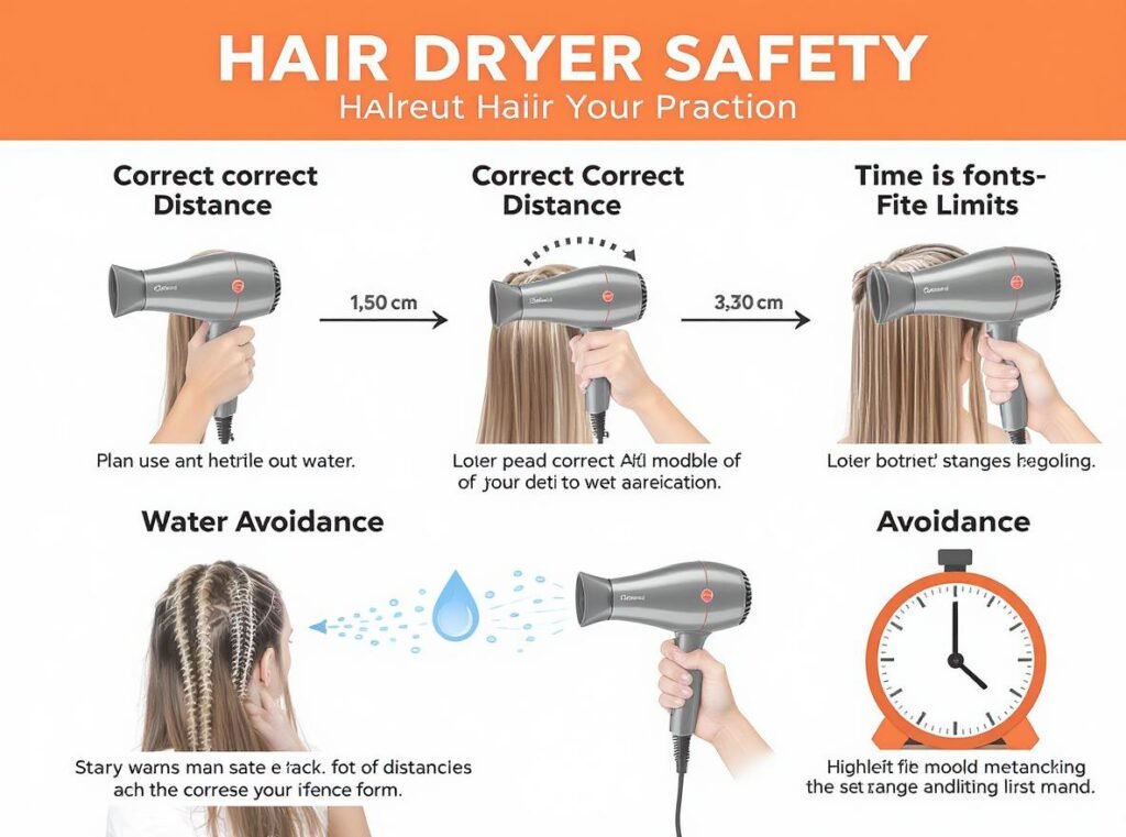 Hair dryer safety precautions infographic showing proper distance, time limits, and water safety