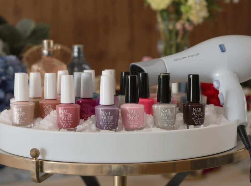 Different nail polish types compatible with hair dryer drying method