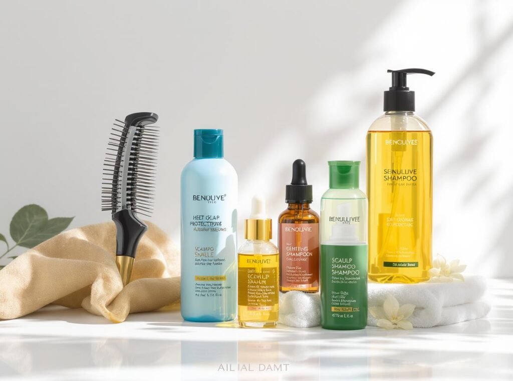 Collection of heat protectant and scalp care products for sensitive skin hair styling