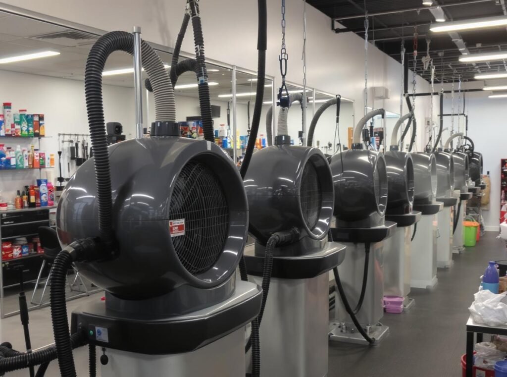 Professional grooming salon with high-end dog dryers and modern equipment for business use