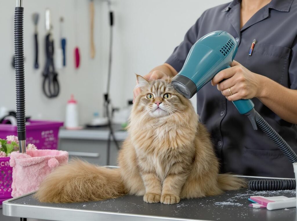 Professional pet groomer using specialized dryer on cat in commercial salon