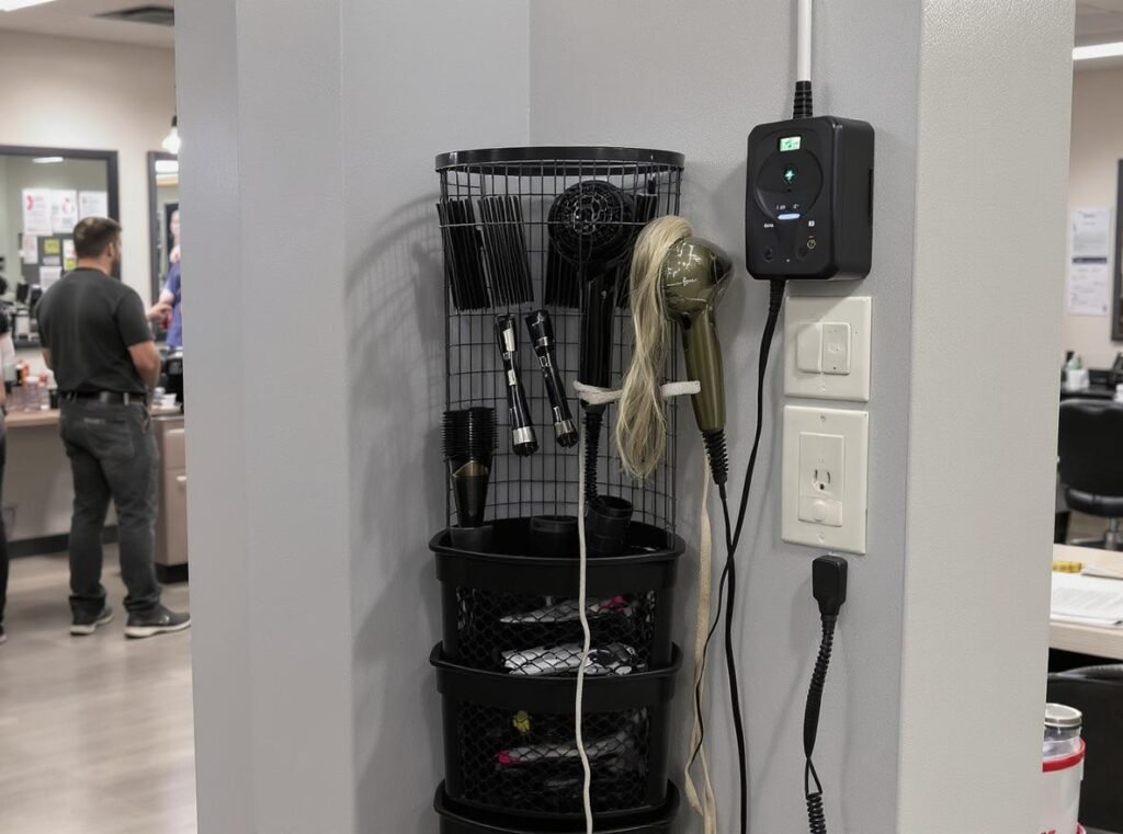Professional salon showing proper hair dryer storage and water damage prevention measures