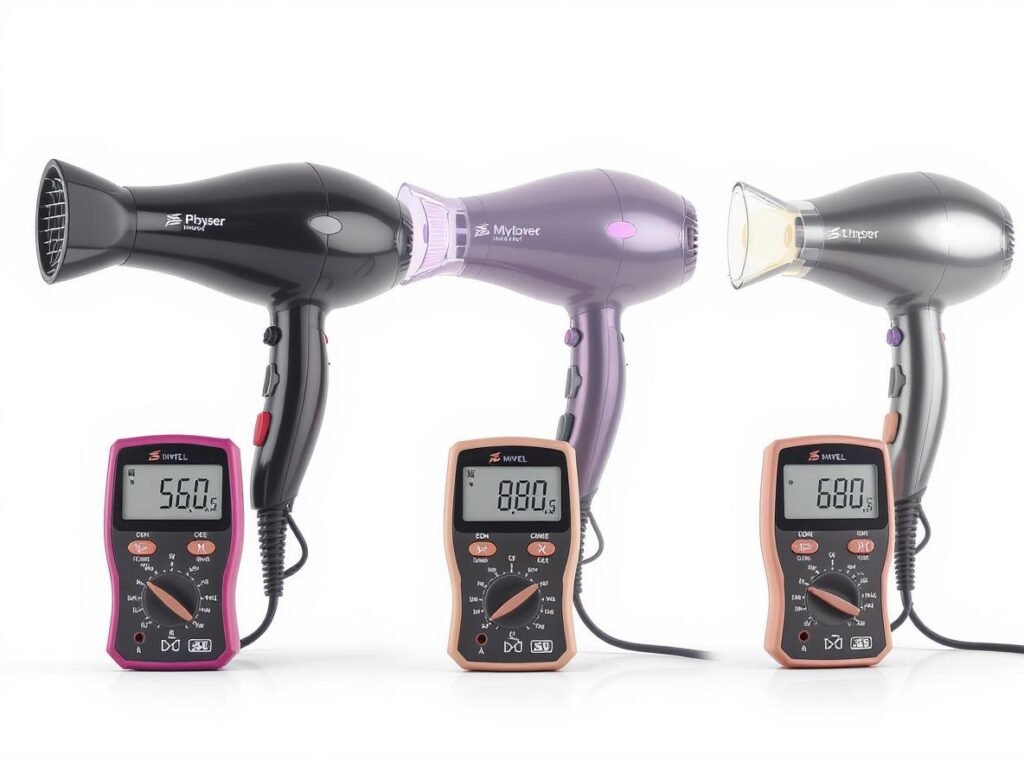 Professional hair dryer noise level comparison showing decibel ratings and performance