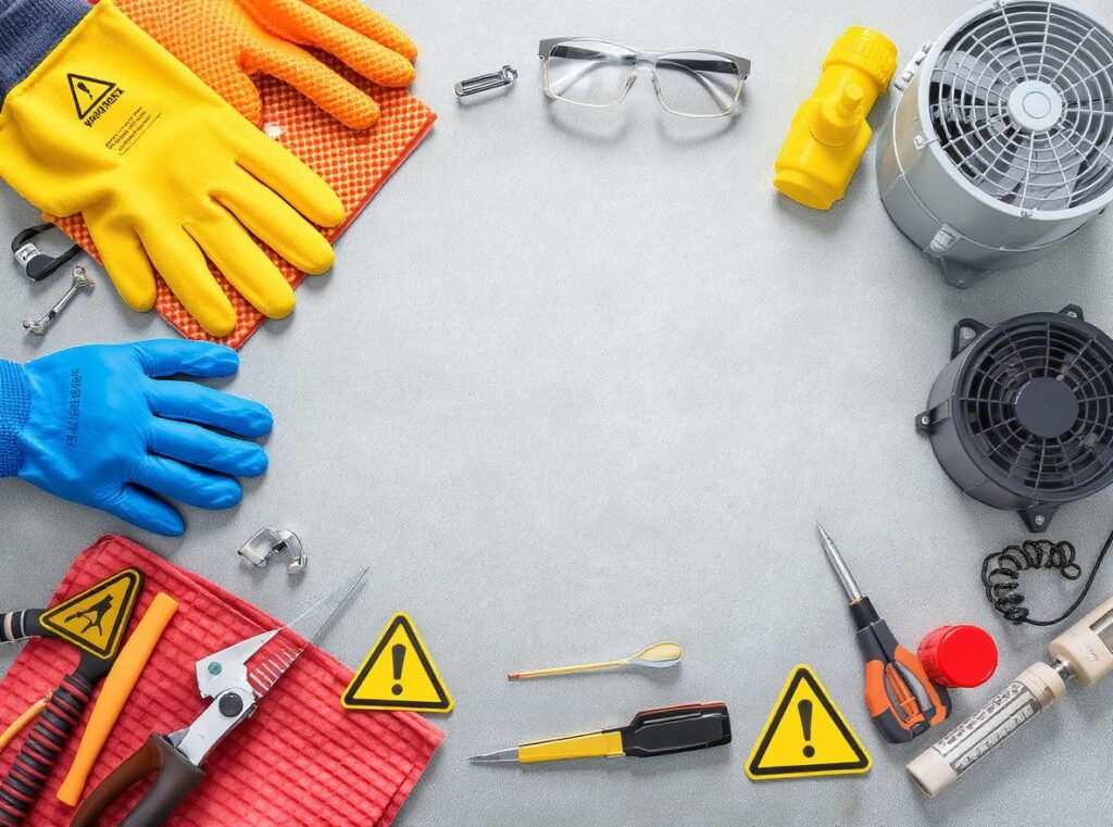 Safety equipment for hair dryer hot glue removal including gloves and ventilation