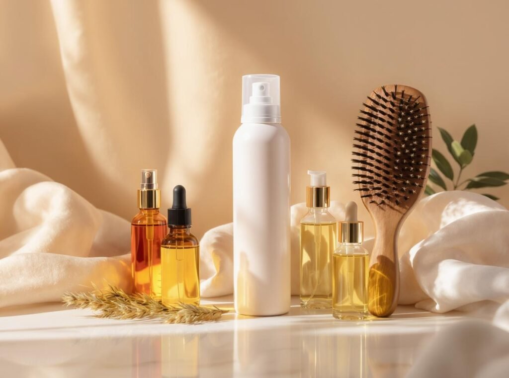Essential hair care products for natural oil distribution including heat protectant and brushes