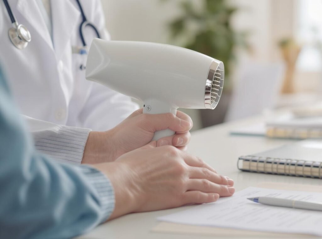 Hands holding lightweight hair dryer for post-surgery recovery selection