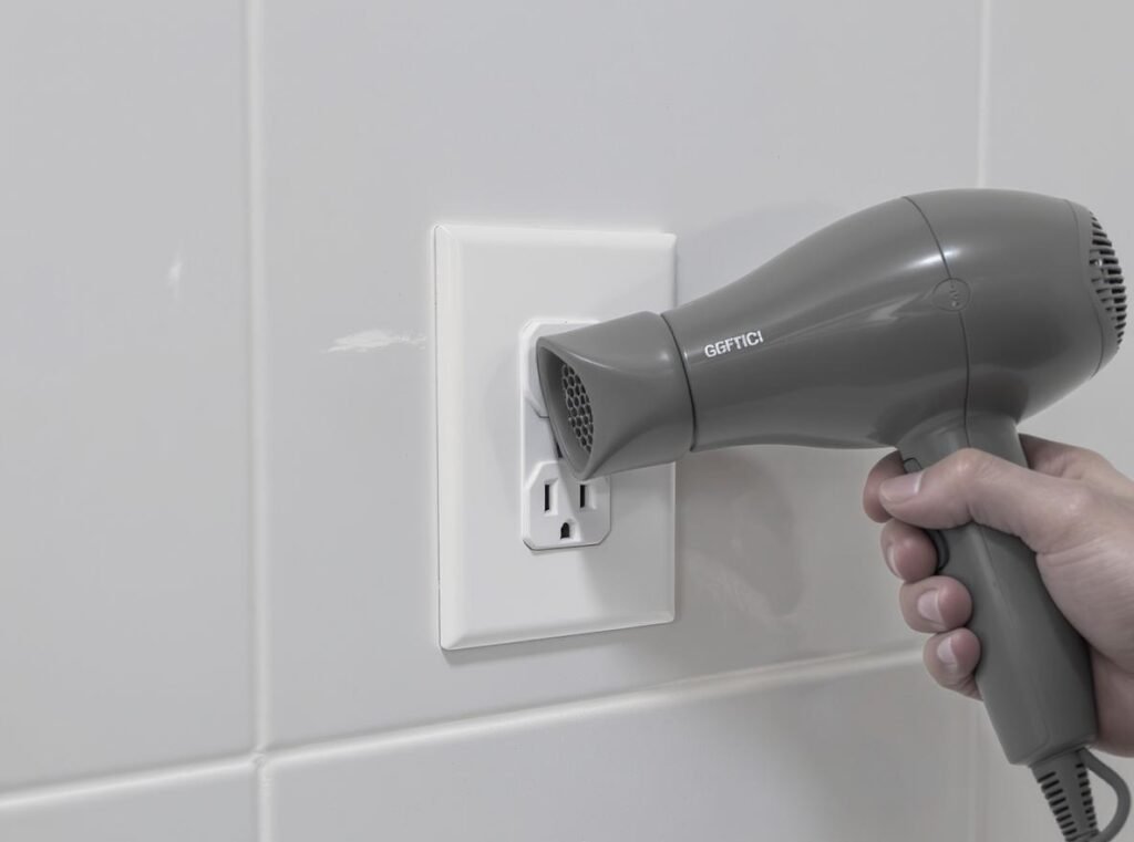 GFCI outlet electrical safety for hair dryer use in bathroom