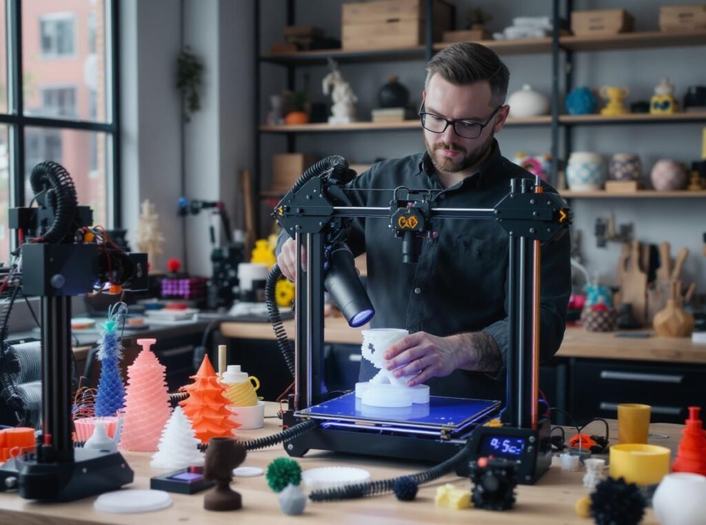 Professional maker using hair dryer for 3D printing post-processing techniques