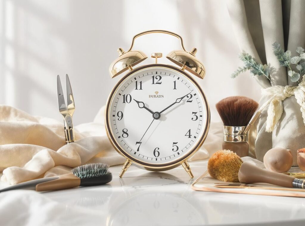 Timing guide for curtain bangs styling process with professional tools